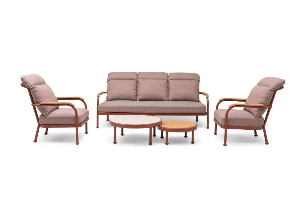 Aluminum Sofa Set With Teak & Stone Tabletops